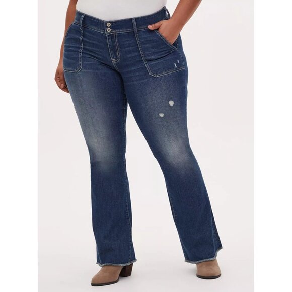 Torrid Flare Vintage Stretch Mid-Rise Jeans Medium Wash Distressed Raw Hem 14 - Picture 1 of 9